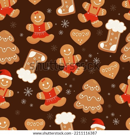Seamless pattern with cute Christmas gingerbread cookies. Gingerbread man, boot, Christmas tree, heart and gingerbread girl cookies on brown background with snowflakes. Vector illustration