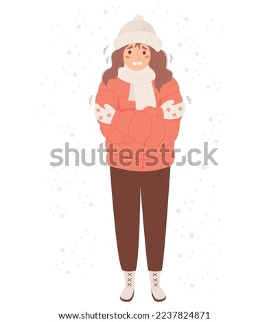 Woman freezing wearing winter clothes shivering under snow. Cartoon flat vector illustration. Concept Winter season and suffering of low minus degrees temperature. Foto stock © 