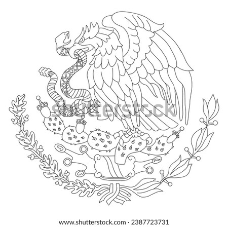 Mexican coat arms with eagle and snake. Mexican coloring flag emblem. Vector outline illustration.