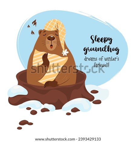 Cute sleeping marmot character with pillow looks out of hole. Festive funny card for Groundhog Day on February 2. Vector illustration