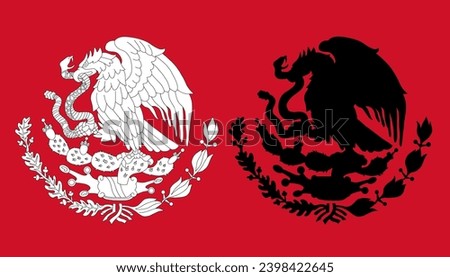 Symbol Mexico. Coat arms with eagle Black silhouette and outline coloring flag emblem. Vector illustration