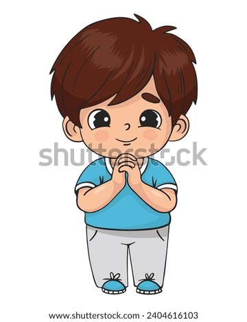 Praying cute boy in full growth with folded hands in prayer. Religious believer male child character. Kids collection