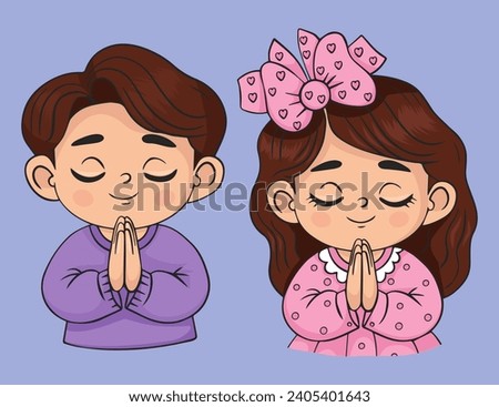 Praying children set. Cute girl and boy with folded hands in prayer. Vector illustration. Isolated color drawings religious believer child character. Kids collection
