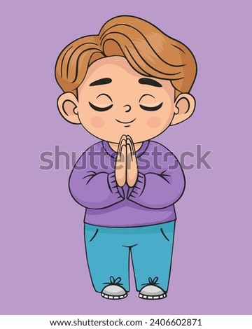 Praying boy with folded hands in prayer. Religious believer male child character. Kids collection