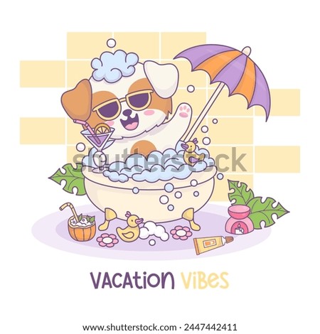 Charming relaxed, sunglass-wearing cartoon dog soaking in bubble bath with drink, under sun umbrella. Whimsical sunny vacation atmosphere at home in bathroom with animal. Vector illustration