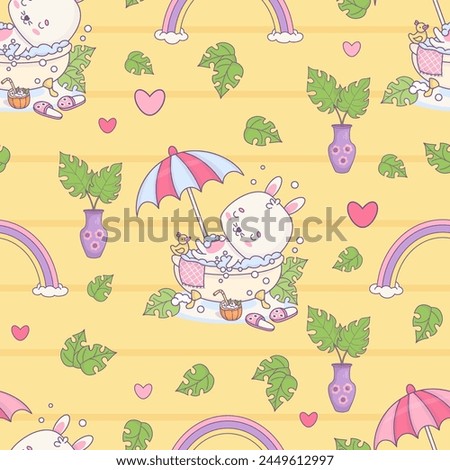 Seamless pattern with bunny rests in bubble bath under sun umbrella on yellow background with rainbow and tropical leaves. Cute funny kawaii animal character. Vector illustration. Kids collection