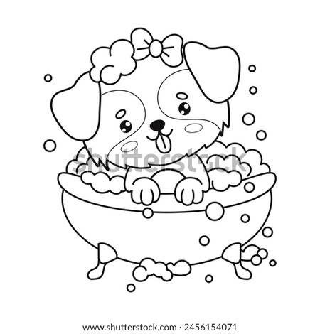 Cute dog girl bathes in bubble bath. Outline cartoon kawaii animal character. Line drawing, coloring book. Vector illustration. Kids collection