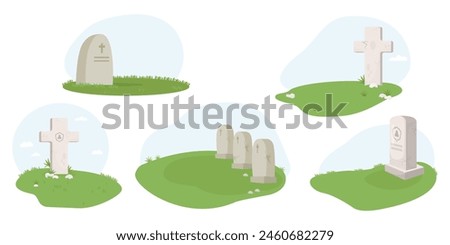 Cemetery. Collection of grave crosses, tombstones, stone graves in grass. Isolated vector illustration