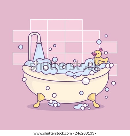 Vintage cartoon bathtub overflowing with foam frothy bubbles, with rubber duck. Cozy bathroom. Vector illustration. Cute kawaii style