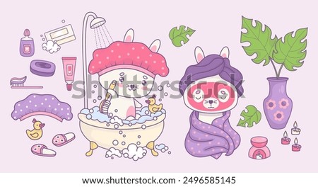 Cute cartoon rabbit in towel with mask on face and hare in shower cap bathes in foam bath. Set accessories for shower and cosmetics, hygiene products and aroma lamp with vase. Isolated vector elements