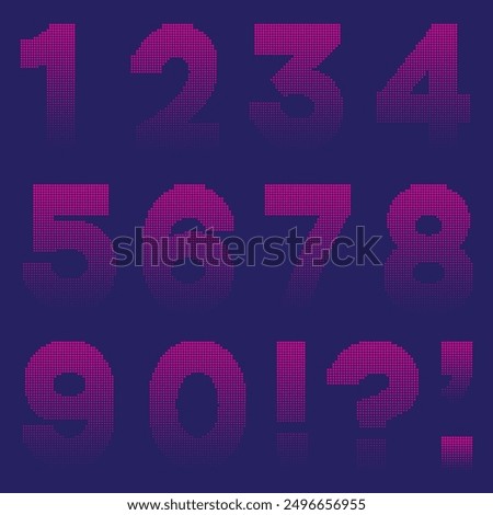 Numbers and punctuation mark with magenta circular halftone dot pattern texture. Isolated symbols and signs on blue background. Vector half tone illustration