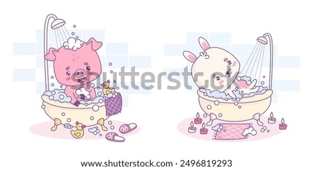 Cute bunny and pig bathes, rests in bubble bath. Isolated whimsical relaxed in bathroom is shower cartoon kawaii animals character. Vector illustration. Kids collection.