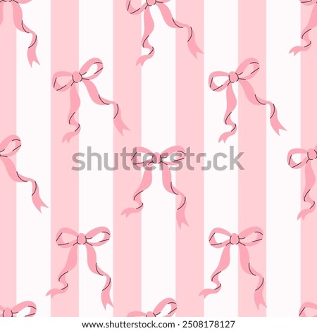 Coquette aesthetic seamless pattern pink ribbon bow on striped white pink background. Trendy patterned drawing backdrop. Vector illustration