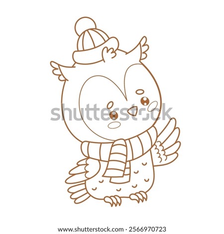 Outline cute owl in winter knitted clothes hat and scarf. Funny cartoon kawaii bird. Line drawing, coloring book. Vector illustration. Kids collection