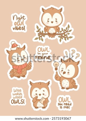 Cute cartoon Owl stickers. Isolated wise kawaii bird with book, on branch, in winter clothes and with light bulb, searching for ideas with funny cool slogans. Vector illustration. Kids collection