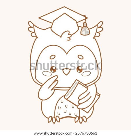 Outline Cute Owl with graduation cap holding book. Wise cartoon kawaii bird graduate character. Line drawing, coloring book. Vector illustration. Kids collection