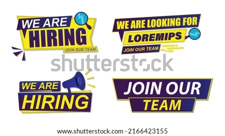 Hiring recruitment open vacancy  white background isolated icon tags. with We are hiring, join our team, looking for talent,  announcement. yellow, blue gradient, white,  color  vector illustration.