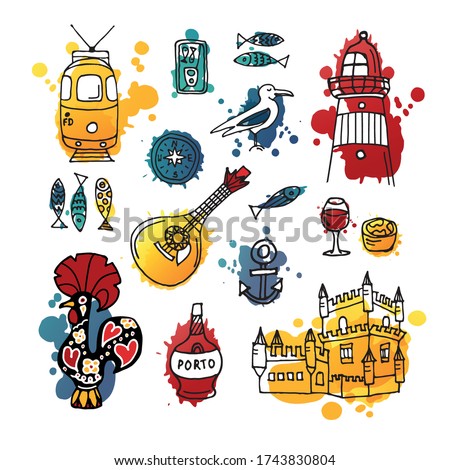 Set of Portugal national symbols. Yellow tram, lighthouse, fado guitar, Belem Tower, Rooster of Barcelos, seagull, pastel de nata cakes, port wine and sardines
