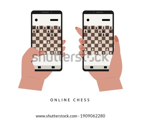 Sicilian defense flat vector illustration. Checkmate with chess pieces. Online game or tournament on smartphone. Hands holding phones with chess application. Isolated design elements for website.