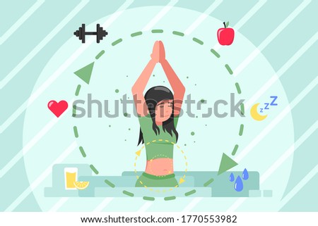 Healthcare, medicine, metabolism, lifestyle concept. Conversion of nergy from food to sleep of young sporty woman. Healthy nutrition and lifestyle digestive tract and biochemistry synthesis process. Photo stock © 
