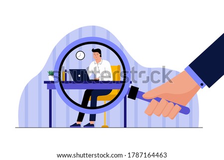 Business, work, observation, privacy concept. Human boss hand holding big magnifying glass watching over working businessman clerk manager employee. Corporate control of administration illustration.