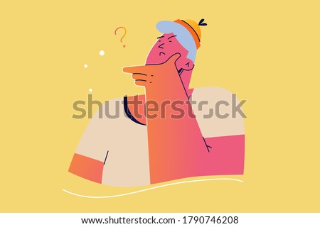 Emotion, face, expression, thought, trouble, question concept. Young pensive thoughtful man guy teenager character confused or wonder about problem. Uncertainty with doubts and thinking illustration.