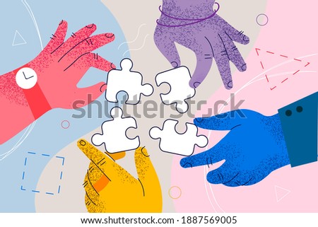 Teamwork, cooperation, business collaboration concept. Hands of business people partners trying to connect puzzle pieces at office as meaning of successful teamwork and common projects illustration 