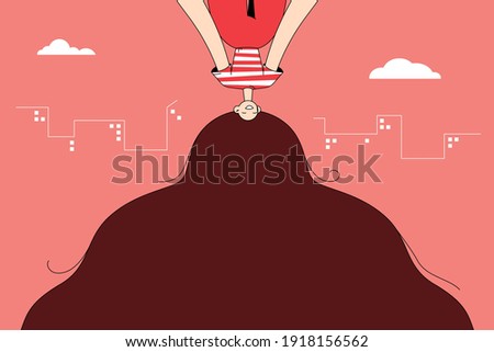 Excitement, cheerful and positive emotions concept. Beautiful girl with long blue hair cartoon character hanging upside down and feeling positive over blue background vector illustration