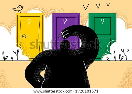 Difficult choice, making decision, success or failure concept. Businessman standing in front of many colourful doors trying to choose one looking at way to unknown future and opportunity illustration