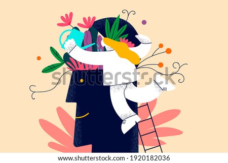 Self development, personal growth and improvement concept. Woman cartoon character climbing up ladder through human brain with blooming flowers and watering plants vector illustration