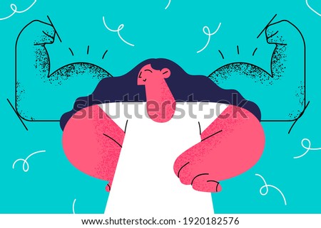 Female self confidence, esteem, strength concept. Brave woman standing showing biceps facing fears like powerful hero feeling powerful confident showing her inner strength illustration