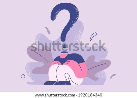 Anonymity, identity, uncertainty concept. Headless man sitting on floor with invisible face with question mark instead of head like mask vector illustration