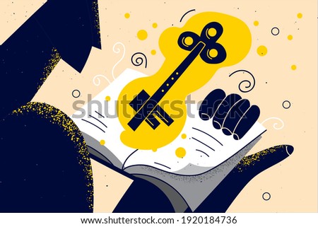 Access to knowledge, intelligence, education concept. Student holding open book with magic golden key meaning chance to unlock wisdom in studying vector illustration