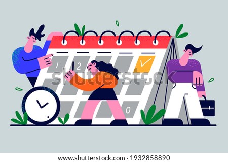 Time management, people planning concept. Business workers entrepreneurs making calendar schedule planning with filling course campaigns vector illustrations 