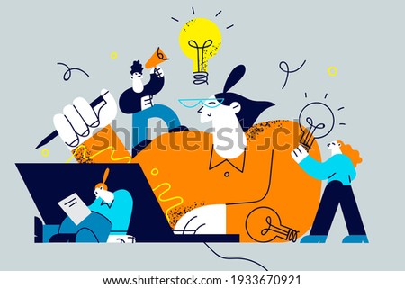 Innovation, improving career, business start concept. People workers cartoon characters searching for new ideas and decisions rising career to success filled with thoughts and ideas illustration 