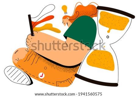 Task completion, successful planning and time management concept. Young businesswoman sitting with laptop and giant sandglass and feeling confident with deadlines and tasks vector illustration 