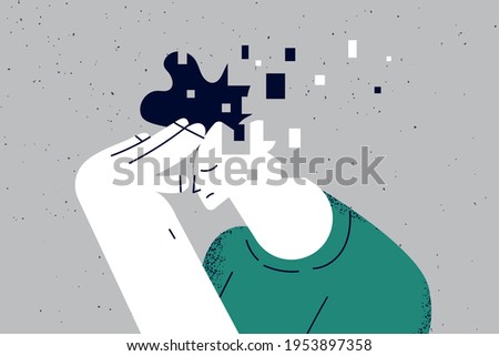 Memory loss and dementia, brain damage concept. Profile of sad man losing parts of his head as symbol of reduced function of brain and mind sitting alone vector illustration