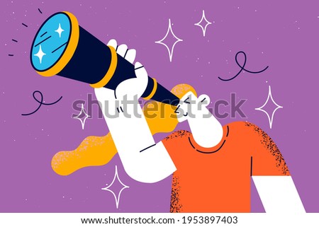 Searching for somebody, research concept. Young curious woman holding binoculars in hand and looking far away, expecting and searching someone vector illustration 