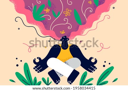 Healthy lifestyle, meditation, positive thoughts concept. Young blonde smiling woman sitting meditating keeping eyes closed practicing peace of mind, keeping fingers in mudra gesture illustration 