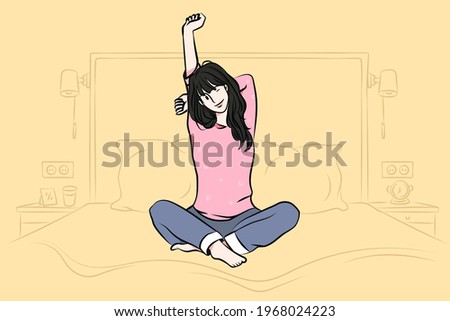 Relaxation and having rest at home concept. Young happy woman in pajama stretching her arms and smiling sitting on bed feeling relaxed vector illustration 