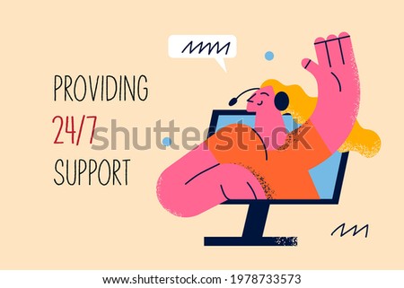 Customer service worker providing support concept. Young smiling positive telemarketer woman cartoon character waving hand from laptop screen gesture with fingers vector illustration 