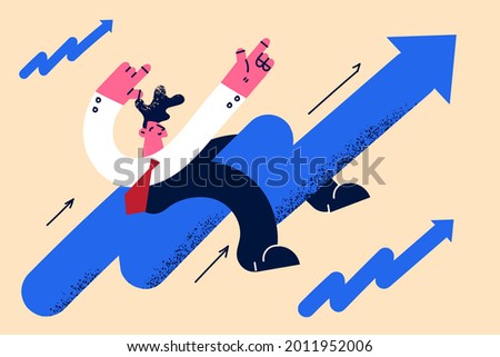Development, Stock market rising, positive growing concept. Young positive confident businessman riding fast speed on development arrow meaning success in business vector illustration