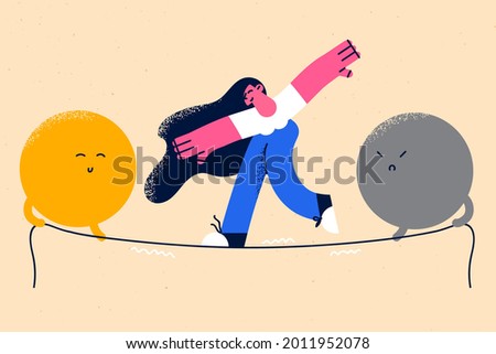 Emotional balance and harmony concept. Female cartoon character standing balancing on slackline with unstable mental state vector illustration