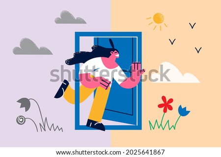 Various seasons and weather concept. Young smiling woman cartoon character running out of door from gloomy to sunny weather with birds and flowers vector illustration 