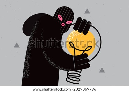 Plagiarism and thieving ideas concept. Young fraud thief in black mask and clothes standing holding huge light bulb un hands vector illustration  Сток-фото © 