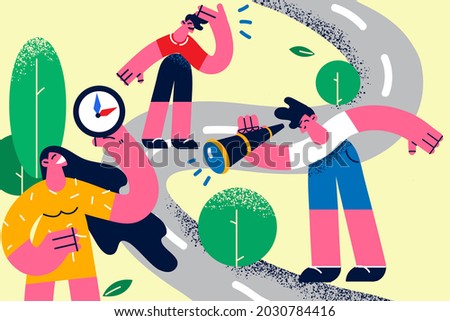 Navigation and trying to find direction concept. Group of young people standing on road looking at spyglass and compass feeling stressed with finding right way vector illustration 
