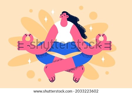 Practicing meditation and healthy lifestyle concept. Young smiling positive girl cartoon character sitting meditating practicing yoga positing doing training class feeling happy vector illustration 