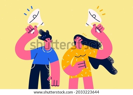 Advertisement, Announcement and promotion concept. Young woman and man cartoon characters standing speaking shouting with speaker over yellow background vector illustration 
