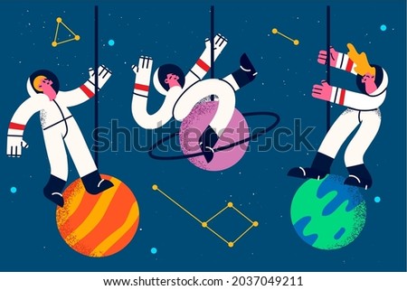 Astronauts and spacemen during work concept. Group of three young cosmonauts in suits levitating in space near planets and galaxies around vector illustration 