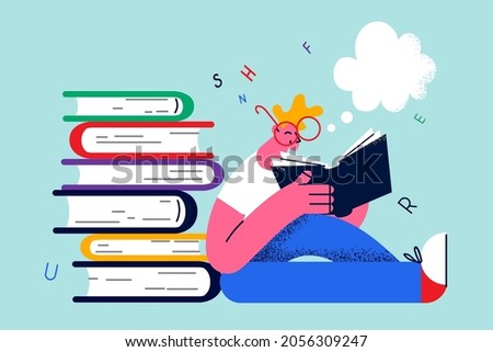 Education, learning and reading books concept. Smiling boy cartoon character sitting reading book with interest leaning on heap of books vector illustration